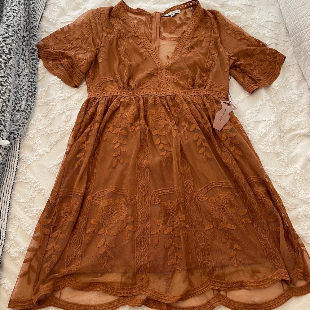 Burnt orange, short sleeve lace dress